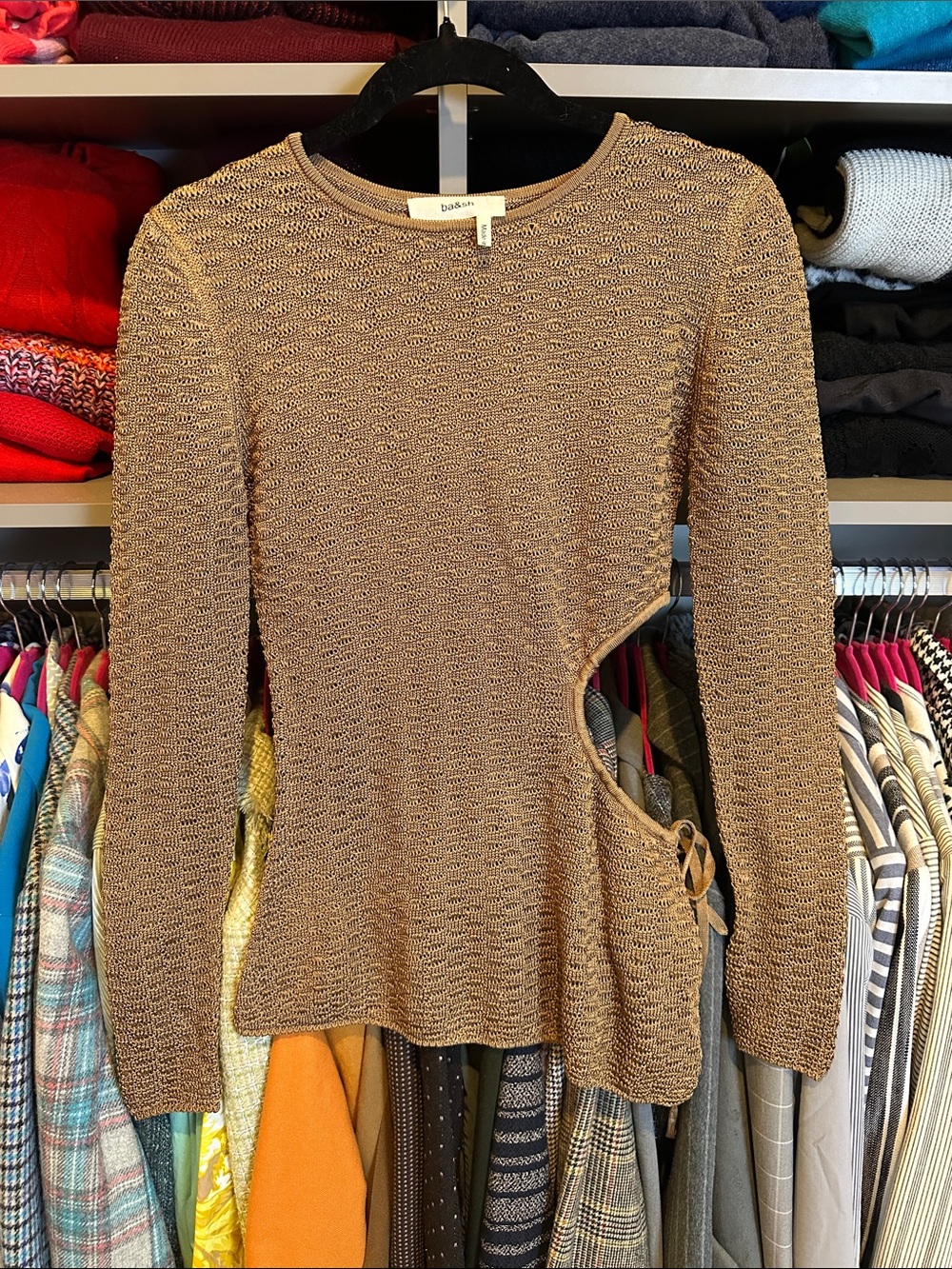 Ba&sh brown long sleeve crew neck side cut out open knit top size S NWOT
